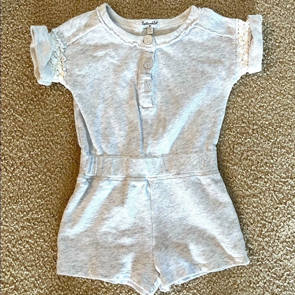 Splendid toddler girl romper with lace detail and raw hem